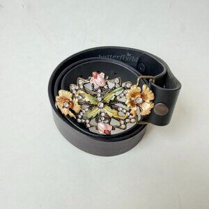 Vintage Style Floral Butterfly Rhinestone Leather Belt - Black/Gold